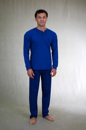 Estiva Erkek Kareli İndigo Patlı İnterlok Pijama Takımı