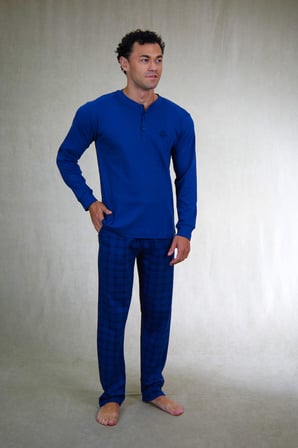 Estiva Erkek Kareli İndigo Patlı İnterlok Pijama Takımı
