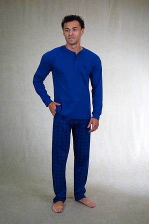 Estiva Erkek Kareli İndigo Patlı İnterlok Pijama Takımı