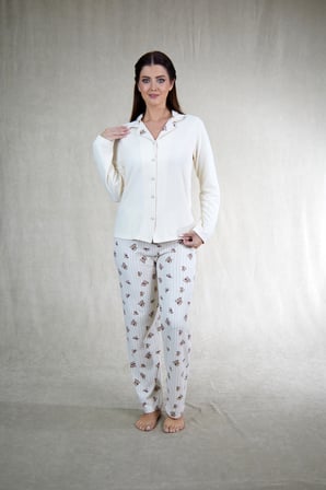 Estiva Kadın Ayıcık Desenli Önden Düğmeli Waffle Kumaş Pijama Takımı