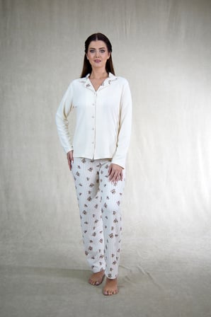 Estiva Kadın Ayıcık Desenli Önden Düğmeli Waffle Kumaş Pijama Takımı