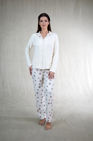 Estiva Kadın Ayıcık Desenli Önden Düğmeli Waffle Kumaş Pijama Takımı