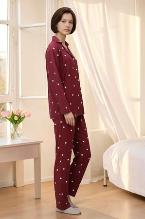 Estiva Kadın Puantiyeli Önden Düğmeli Süet Pijama Takımı