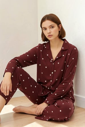 Estiva Kadın Puantiyeli Önden Düğmeli Süet Pijama Takımı