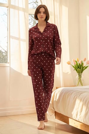 Estiva Kadın Puantiyeli Önden Düğmeli Süet Pijama Takımı