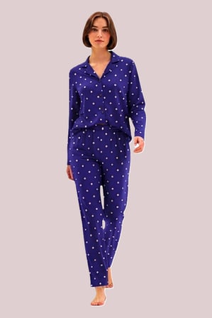 Estiva Kadın Puantiyeli Önden Düğmeli Süet Pijama Takımı