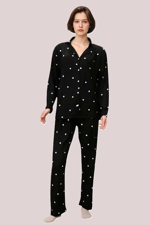 Estiva Kadın Puantiyeli Önden Düğmeli Süet Pijama Takımı