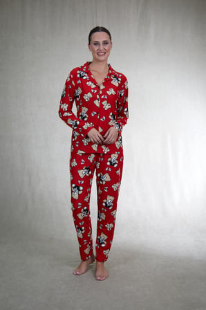 Estiva Kadın Ayıcık Desenli Önden Düğmeli Süet Pijama Takımı
