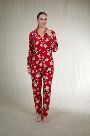 Estiva Kadın Ayıcık Desenli Önden Düğmeli Süet Pijama Takımı