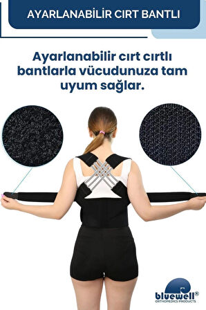 Bluewell Black Flex Dik Duruş Korsesi | Ayarlanabilir Unisex Omuz ve Sırt Desteği | Ortopedik, Nefes Alabilir Kumaş