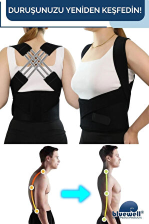 Bluewell Black Flex Dik Duruş Korsesi | Ayarlanabilir Unisex Omuz ve Sırt Desteği | Ortopedik, Nefes Alabilir Kumaş