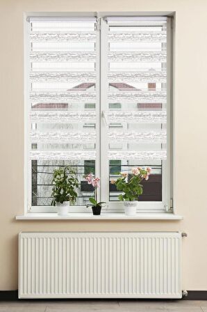 Stor Zebra Perde Gri Simli Floral Şal Desenli Beyaz Piliseli 1.Kalite Dekoratif Kornişe Kolay Montaj
