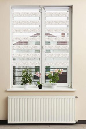 Stor Zebra Perde Sarı Simli Floral Şal Desenli Beyaz Piliseli 1.Kalite Dekoratif Kornişe Kolay Montaj
