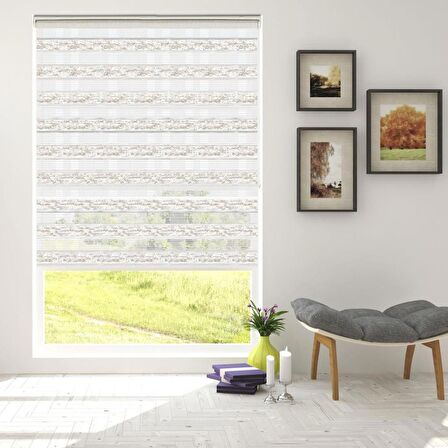 Stor Zebra Perde Sarı Simli Floral Şal Desenli Beyaz Piliseli 1.Kalite Dekoratif Kornişe Kolay Montaj