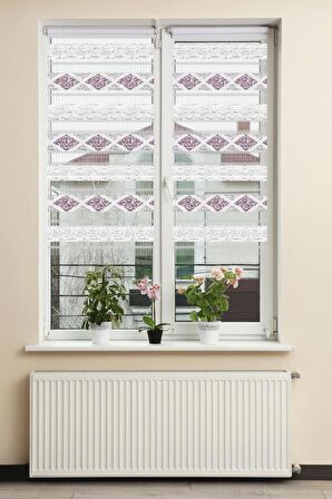 Stor Zebra Perde Gri Simli Mor Barok Desenli Beyaz Piliseli 1.Kalite Dekoratif Kornişe Kolay Montaj