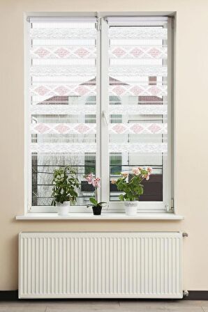 Stor Zebra Perde Gri Simli Pembe Barok Desenli Beyaz Piliseli 1.Kalite Dekoratif Kornişe Kolay Montaj