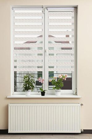 Stor Zebra Perde Bej Beyaz Geçişli Minimal Jakar Desen Piliseli 1.Kalite Dekoratif Kornişe Kolay Montaj
