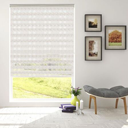 Stor Zebra Perde Bej Beyaz Geçişli Minimal Jakar Desen Piliseli 1.Kalite Dekoratif Kornişe Kolay Montaj