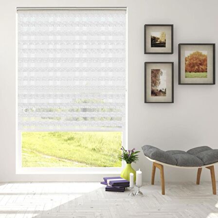 Stor Zebra Perde Beyaz Geçişli Minimal Jakar Desen Piliseli 1.Kalite Dekoratif Kornişe Kolay Montaj