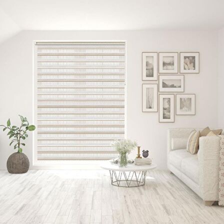 Stor Zebra Perde Beyaz Bej Çizgi Desen Geçişli Jakar Piliseli 1.Kalite Dekoratif Kornişe Kolay Montaj