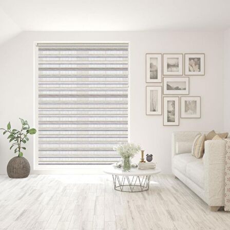 Stor Zebra Perde Krem Gri Çizgi Desen Geçişli Jakar Piliseli 1.Kalite Dekoratif Kornişe Kolay Montaj