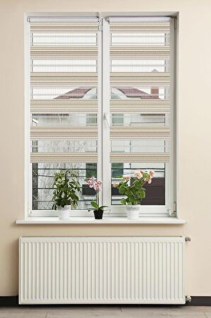 Stor Zebra Perde Krem Bej Degrade Geçişli Jakar Desen Piliseli 1.Kalite Dekoratif Kornişe Kolay Montaj