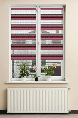 Stor Zebra Perde Kırmızı Gri Degrade Geçişli Jakar Desen Piliseli 1.Kalite Dekoratif Kornişe Kolay Montaj
