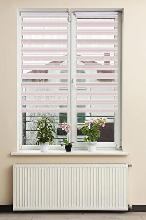 Stor Zebra Perde Pembe Beyaz Jakar Desenli Degrade Piliseli 1.Kalite Dekoratif Kornişe Kolay Montaj