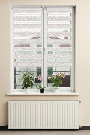 Stor Zebra Perde Sarı Simli Barok Desenli Beyaz Jakar Piliseli 1.Kalite Dekoratif Kornişe Kolay Montaj