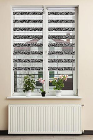 Stor Zebra Perde Gri Simli Barok Desenli Siyah Jakar Piliseli 1.Kalite Dekoratif Kornişe Kolay Montaj