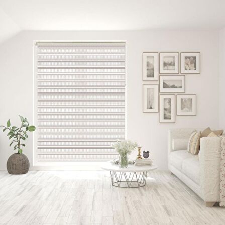 Stor Zebra Perde Bej Beyaz Sim Geçişli Dar Jakar Desen Piliseli 1.Kalite Dekoratif Kornişe Kolay Montaj