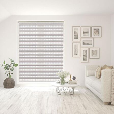 Stor Zebra Perde Gri Beyaz Sim Geçişli Dar Jakar Desen Piliseli 1.Kalite Dekoratif Kornişe Kolay Montaj