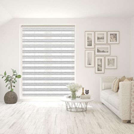Stor Zebra Perde Çizgili Gri Simli Beyaz Jakar Desen Piliseli 1.Kalite Dekoratif Kornişe Kolay Montaj