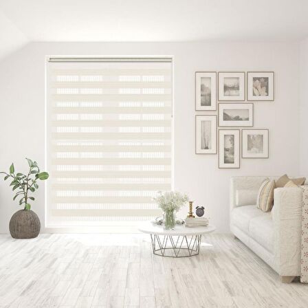 Stor Zebra Perde Modern Krem Geniş Jakar Desenli Piliseli 1.Kalite Dekoratif Kornişe Kolay Montaj