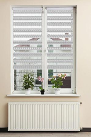 Stor Zebra Perde Klasik Gri Beyaz Geçişli Desen Piliseli 1.Kalite Dekoratif Kornişe Kolay Montaj