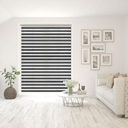 Stor Zebra Perde Klasik Siyah Beyaz Geçişli Desen Piliseli 1.Kalite Dekoratif Kornişe Kolay Montaj