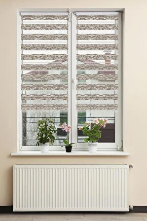 Stor Zebra Perde Geçişli Haki Bej Minimal Desenli Piliseli 1.Kalite Dekoratif Kornişe Kolay Montaj