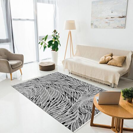 Baskılı Halı Gri Batik Kırçıllı Desenli Kaymaz Taban Saçaklı Modern Dekoratif Makinede Yıkanabilir