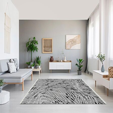 Baskılı Halı Gri Batik Kırçıllı Desenli Kaymaz Taban Saçaklı Modern Dekoratif Makinede Yıkanabilir