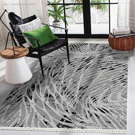 Baskılı Halı Gri Batik Kırçıllı Desenli Kaymaz Taban Saçaklı Modern Dekoratif Makinede Yıkanabilir