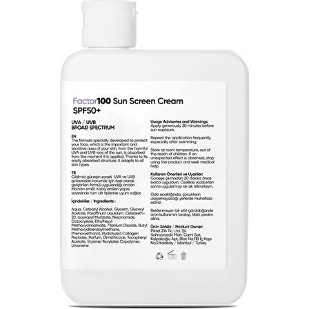 FACTOR 100 Sun Screen Cream SPF50+KOLAJEN Içerikli Güneş Bariyeri