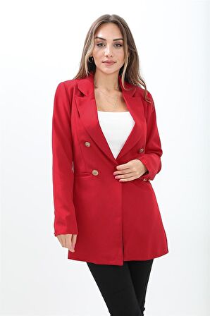 Omuzları Vatkalı Önü Çıtçıtlı Atlas Kumaş Kadın Blazer Ceket - Kırmızı