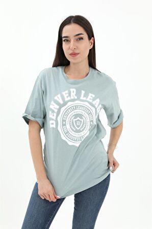 Bisiklet Yaka Denver Leagune Baskılı T-Shirt - Mint Yeşili