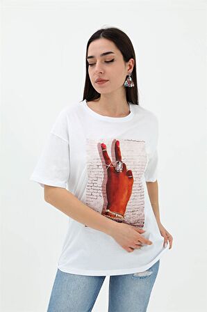 Bisiklet Yaka El Baskılı Süprem T-shirt - Beyaz