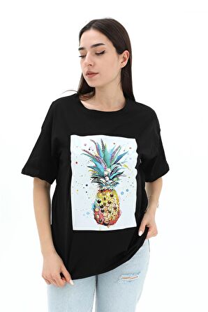 Bisiklet Yaka Ananas Baskılı Süprem T-shirt - Siyah