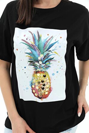 Bisiklet Yaka Ananas Baskılı Süprem T-shirt - Siyah