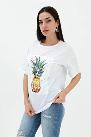 Bisiklet Yaka Ananas Baskılı Süprem T-shirt - Beyaz