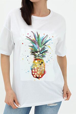 Bisiklet Yaka Ananas Baskılı Süprem T-shirt - Beyaz