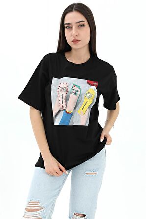 Bisiklet Yaka Terlik Baskılı T-shirt - Siyah