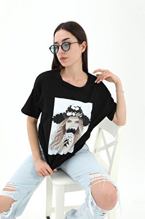 Bisiklet Yaka Kovboy Şapkalı Süprem T-shirt - Siyah